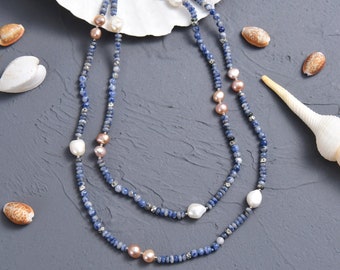 Sodalite and Pearl Beaded  Layering Necklace. Blue and White Gemstone Station Necklace. Multi Stone Long Necklace. Multi Strand Necklace.
