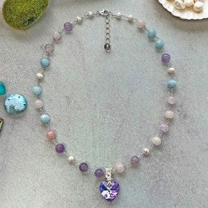 Morganite & Cultured Pearl Necklace with Pendant. Natural Morganite Necklace. Morganite Beaded Necklace.Handmade  jewelry.