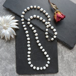 Long Baroque Pearl Necklace Beaded with Black Satin Cord. Opera Length Natural Pearl Necklace for Women. Sterling Silver Pearl Rope Necklace