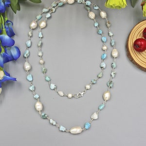 Perlen Kette Larimar Halskette. Hand verdrahtete Edelstein-Halskette. Larimar und Perlenkette.  Larimar und Perlen Armband.  Blau Weiß Halskette.