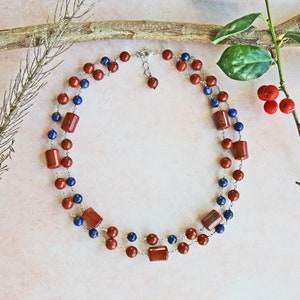 Red Jasper & Lapis Necklace. Gemstone Beaded Wire Necklace. Boho Jewelry. Double Strand Gemstone Necklace. Red Necklace.
