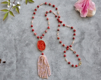 Imperial Jasper Beaded Wire Long Necklace.  Beaded Crystal Tassel Necklace.  Red Jasper Stone Necklace.