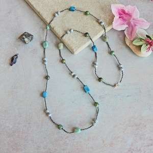 Sterling Silver Apatite Mix Stone Long Layering Necklace. Multi-gemstone Station Necklace. Versatile Length Long or Double Strand Necklace.