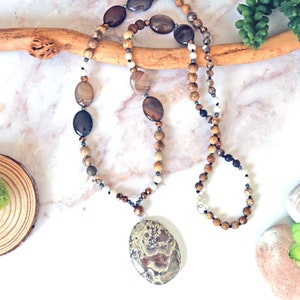 Long Beaded Earthy Tone Jasper Pendant Necklace. Knotted Long Necklaces.Beaded Natural Stone.Handmade Boho Necklace Jasper.