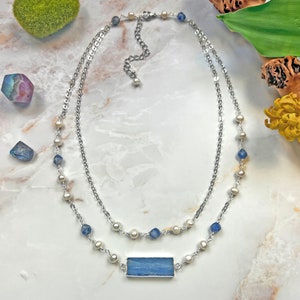 A Polished Simple Style Necklace With a Silver Edged Kyanite Bar Decorated by Blue Gem and White Cultured Pearl. Kyanite Pendant Necklace.