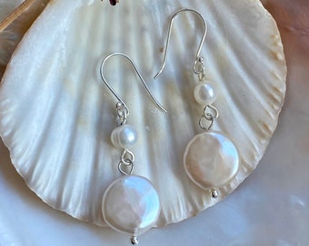 Cultured Freshwater Pearl Drop Earring. Elegant Coin Pearl Drop Earring. Pearl Dangle Earing Sterling Silver Earring Wire.