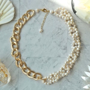 Gold Colored Link & Cultured Pearl Necklace; Curb Chain Necklace