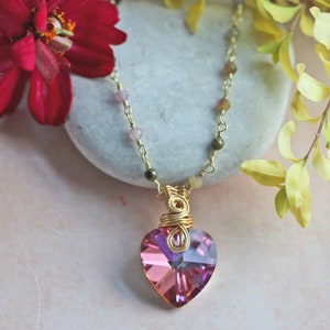 Pink Crystal Heart Necklace; Artisan Beaded Wire Necklace; Tourmaline Necklace; Dainty Gemstone Necklace. Pink Choker Necklace.
