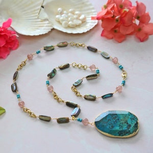 Beaded Natural Imperial Jasper Pendant Long Necklace. Geo Pendant Statement Necklace. Imperial Jasper AKA Blue Ocean Jasper Pendant Necklace