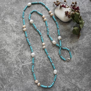 Beaded Blue Turquoise & Freshwater Pearl Long Necklace.  Long Gemstone Necklace. Double Strand Gemstone Necklace. Gemstone Pearl Necklace