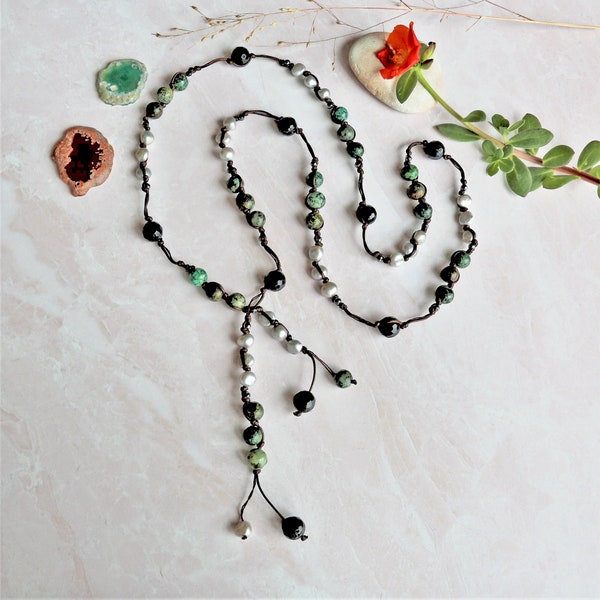 Beaded and Corded African Turquoise Genuine Pearl Mix Long Lariat Layering Y Necklace. Versatile Multi Gemstone Necklace. Gift for Women.