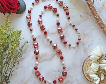 Red Mix Shaped Crystals Long Necklace