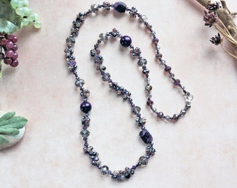 Beaded Multi-stone Necklace; Beaded Long Necklace.  Long Purple Gemstone Necklace. Hand Made Statement Necklace.