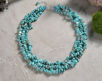 Hand Beaded Blue Turquoise Triple Strand Torsade Statement Necklace, 17.5" Long With 1.5" Extender. A Turquoise Chunky Necklace.