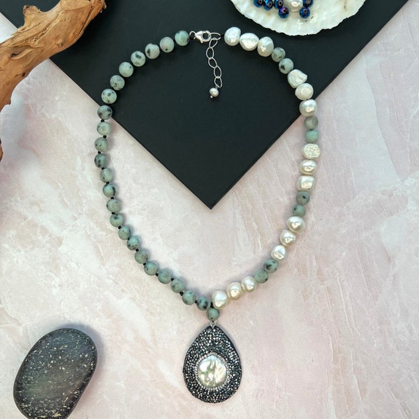 Kiwi Jasper, Culture Pearl, and Druzy Pendant Necklace. Kiwi Jasper Beaded Jewelry. Kiwi Jasper Necklace.Gifts for Her.Root and Heart Chakra