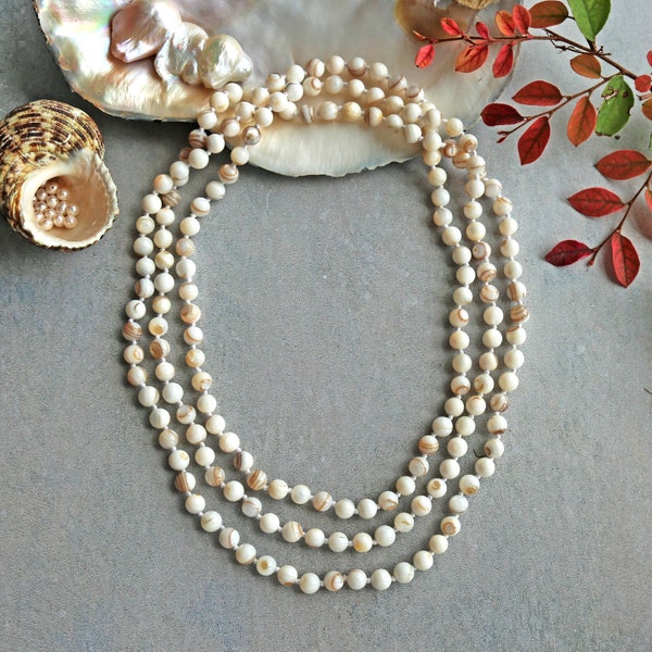 60" Long Polished White Mother of Pearl Endless Infinity Beaded Gem Stone Necklace.