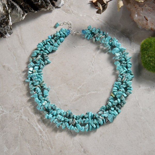 Hand Beaded Blue Turquoise Triple Strand Torsade Statement Necklace, 17.5" Long With 1.5" Extender. A Turquoise Chunky Necklace.