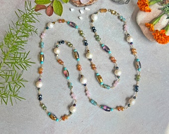 Hand Wired Freshwater Pearl and Crystal Beaded Chain Necklace. Multi Gem Stone Station Necklace. Multi Color Necklace.  Pearl Boho Necklace.