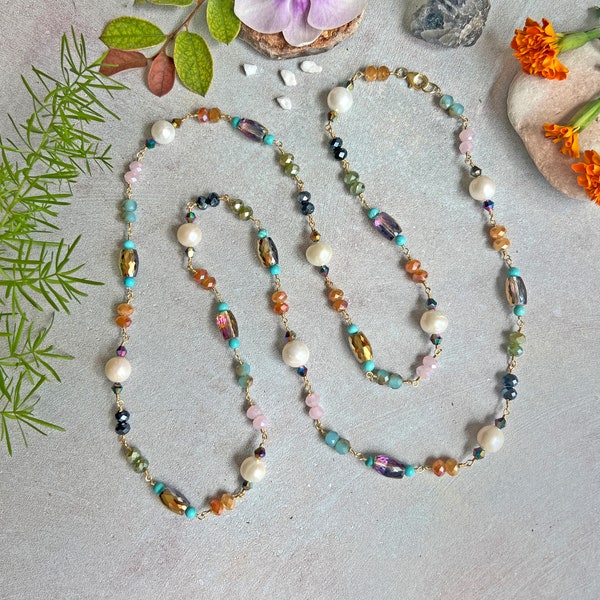 Hand Wired Freshwater Pearl and Crystal Beaded Chain Necklace. Multi Gem Stone Station Necklace. Multi Color Necklace.  Pearl Boho Necklace.