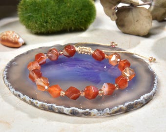 Hand beaded star-cut natural carnelian and crystal  pull string adjustable shamballa bracelet 6-9" long.  chakra orange stone bracelet.