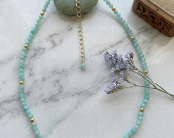 Peruvian Amazonite & Freshwater Pearl Pendant Necklace with Gold Accents.