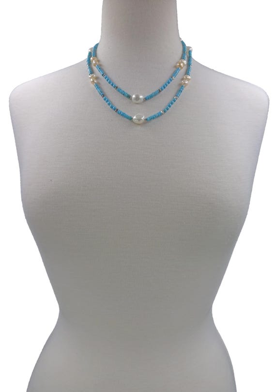 Collier Sautoir Double Rang Perles De Culture - Turquoises Et Sodalite, Bijou Occasion