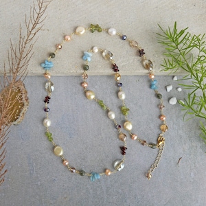 Multi gem stone station necklace. multi color necklace.cultured freshwater pearl beaded  gold colorchain.   hand wired multi-stone necklace.