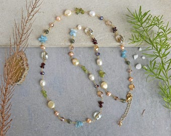 Multi gem stone station necklace. multi color necklace.cultured freshwater pearl beaded  gold colorchain.   hand wired multi-stone necklace.