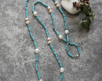 Beaded blue turquoise & freshwater pearl long necklace.  long gemstone necklace. double strand gemstone necklace. gemstone pearl necklace