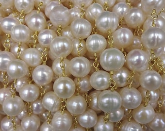 2 FT 8-9MM Potato Shaped Cultured Freshwater Pearl Rosary Style Beaded Gold Colored Chain. Non Tarnish Gold Tone Wire.