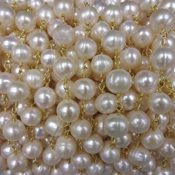 2 FT 8-9MM Potato Shaped Cultured Freshwater Pearl Rosary Style Beaded Gold Colored Chain. Non Tarnish Gold Tone Wire.