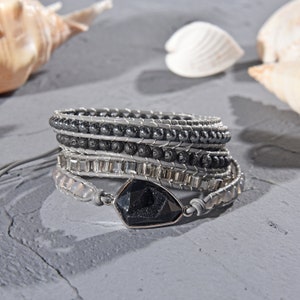 Lava Stone  Multi stone 5 wrap bracelet Beaded on Genuine Leather. Black Druzy Pendant  Bracelet. Stackable Bracelet.