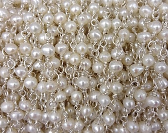 2ft.3-4mm fresh water pearl potato shaped rosary style beaded chain. wire wrapping chain. premier quality non tarnish silver-tone wire.