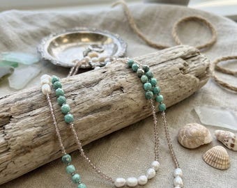 Freshwater Pearl, Turquoise & Crystal Necklace.