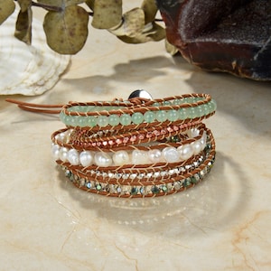 Aventurine and Genuine Pearl Multi Wrap Bracelet. Green Aventurine Natural Stone Multi Layer Bracelet. Adjustable 5 Wrap Leather Bracelet.