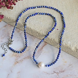 Lapis & Cultured Pearl Collar Necklace.  Lapis Choker. Lapis Lazuli and freshwater Necklace. Blue Gemstone Necklace. September Birthstone.