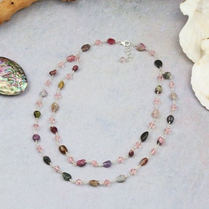 Beaded Watermelon Tourmaline Necklace. Double Strand Tourmaline Linked Necklace. Pink Necklace. Boho Necklace.