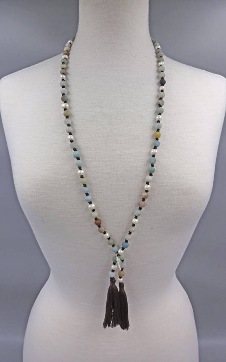 Long knotted Cultured fresh water Pearl /& Genuine Matte finish amazonite beads stone Sterling silver feather charm necklace with tassels