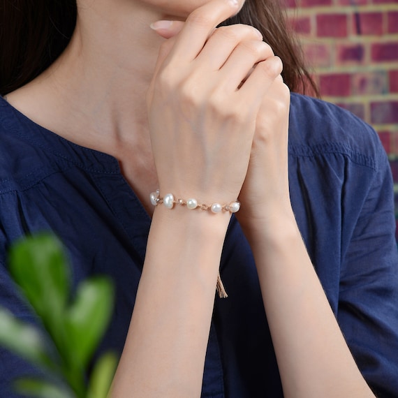 Hand Beaded Natural Freshwater Semi-Baroque Pearl and Crystal Crochet  Delicate Dainty Pearl Pearl Bridesmaid