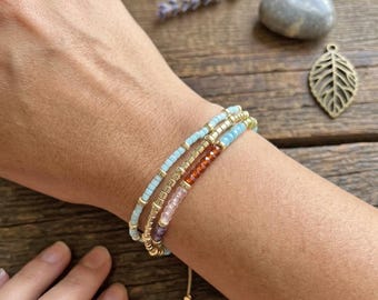Triple Strand Crystal, Gemstones & Seed Bead Adjustable Shamballa Bracelet.