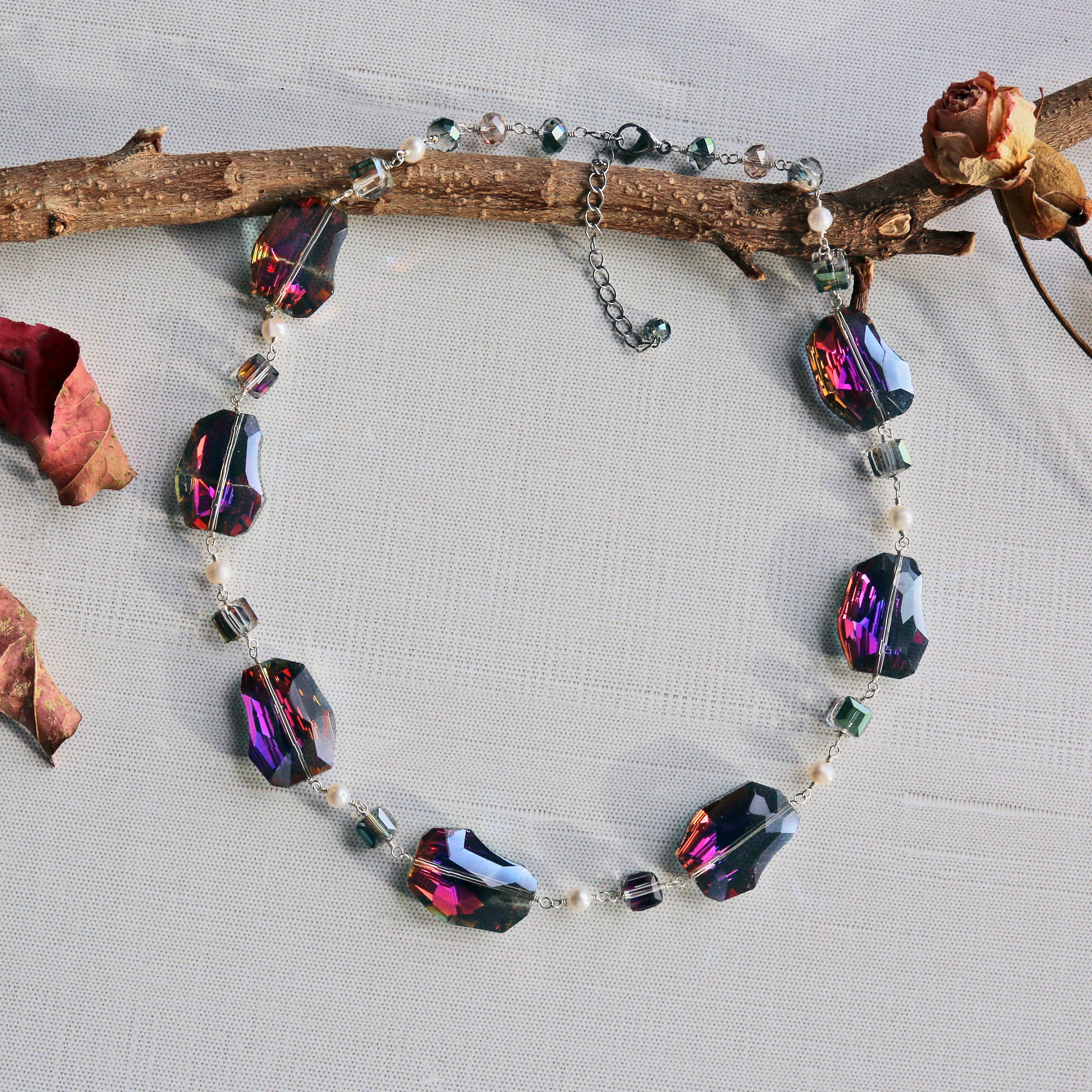 Hand Wired Linked Baroque Crystal Necklace.  Pearl and Crystal Collar Necklace.  Shimmer Crystal Statement Necklace. Bridal Jewelry.