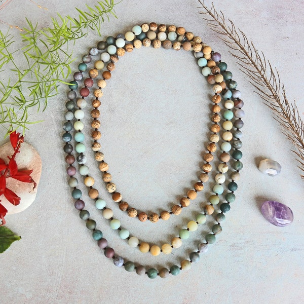 Beaded Long Mala Strand Matte Amazonite, Fancy Jasper and Picture Jasper Endless Infinity Necklace. Multi Strand and Multi Stone Necklace.