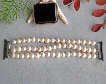 Apple watch beaded stretch band made from cultured freshwater pearls. cultured pearl apple watch strap