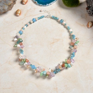 Multi Stone Clustered Necklace. Gemstone Multi color Necklace. Gemstone and Crystal Statement Necklace. Pastel Multicolor Boho Necklace.