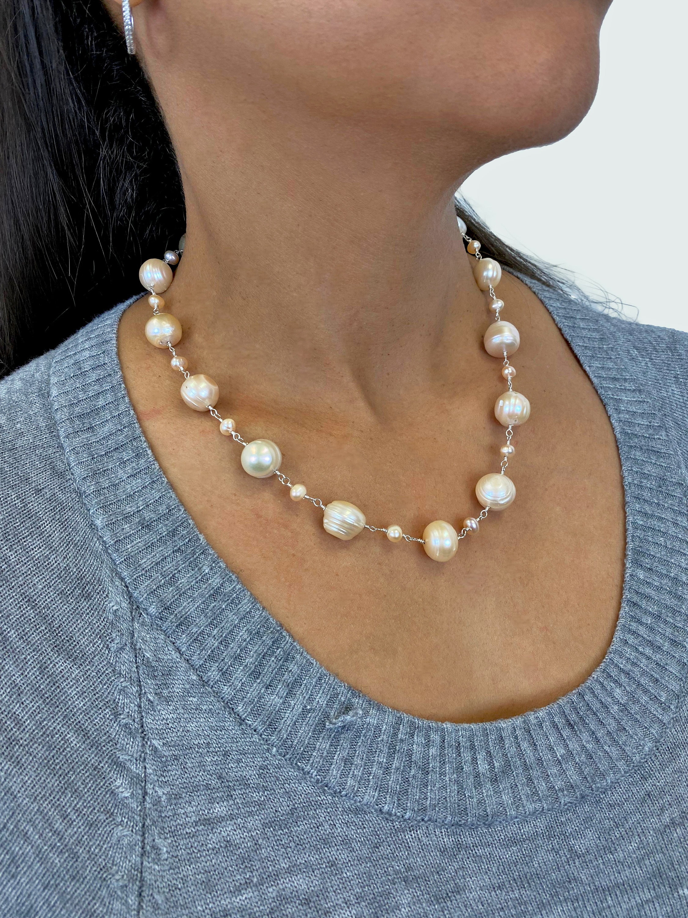 Collana Di Perle D'acqua Dolce Vere: Bianche/rosa/albicocca, 8-9 Mm, Lunghezza 40-45 Cm