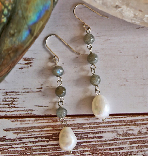 White Cultured Freshwater Pearl and Labradorite Drop Earrings Sterling Silver White Cultured Freshwater Pearl and Labradorite Drop Earrings Sterling Silver