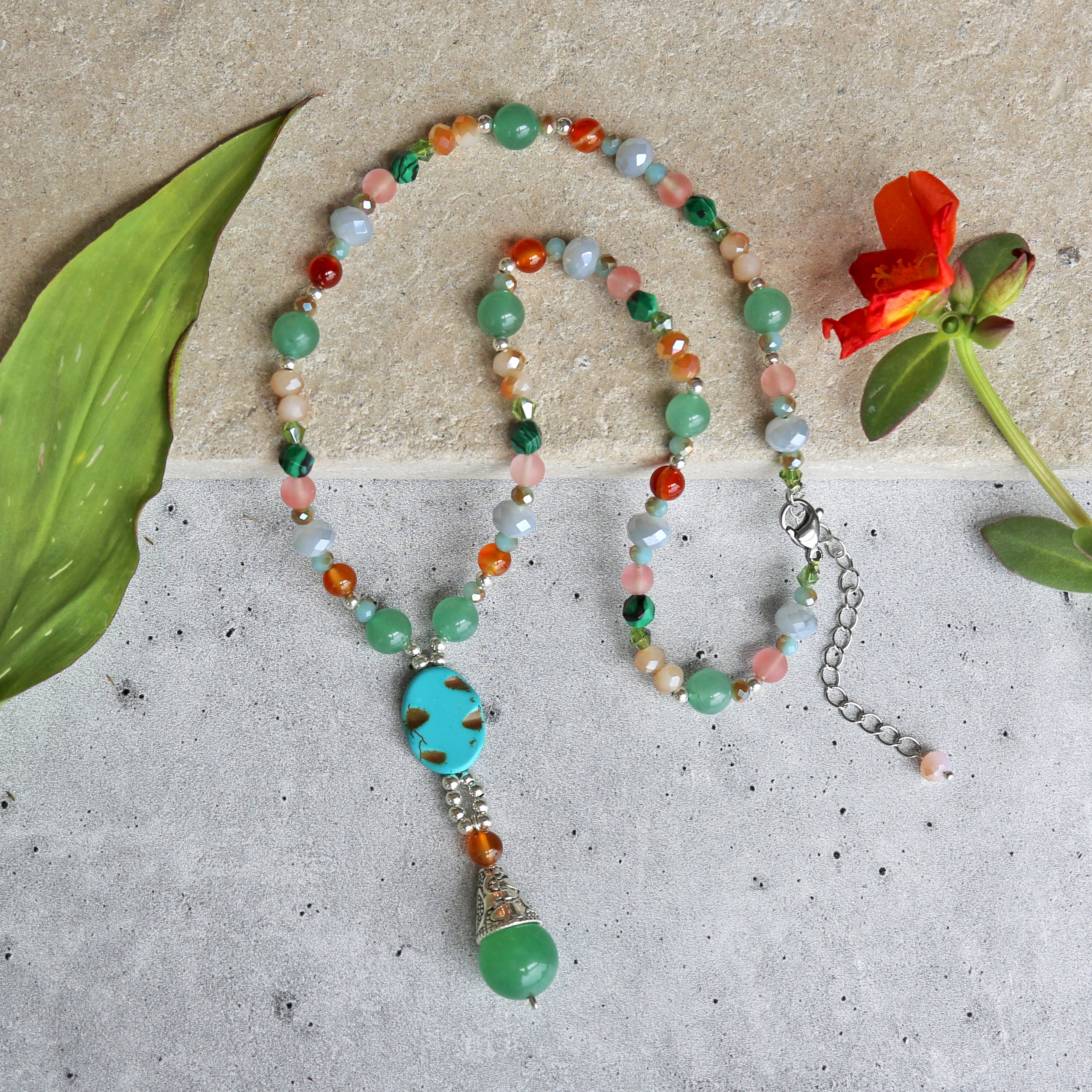 Beaded Mix-stone Necklace. Mix Gemstone Tear Drop Necklace. Multi 