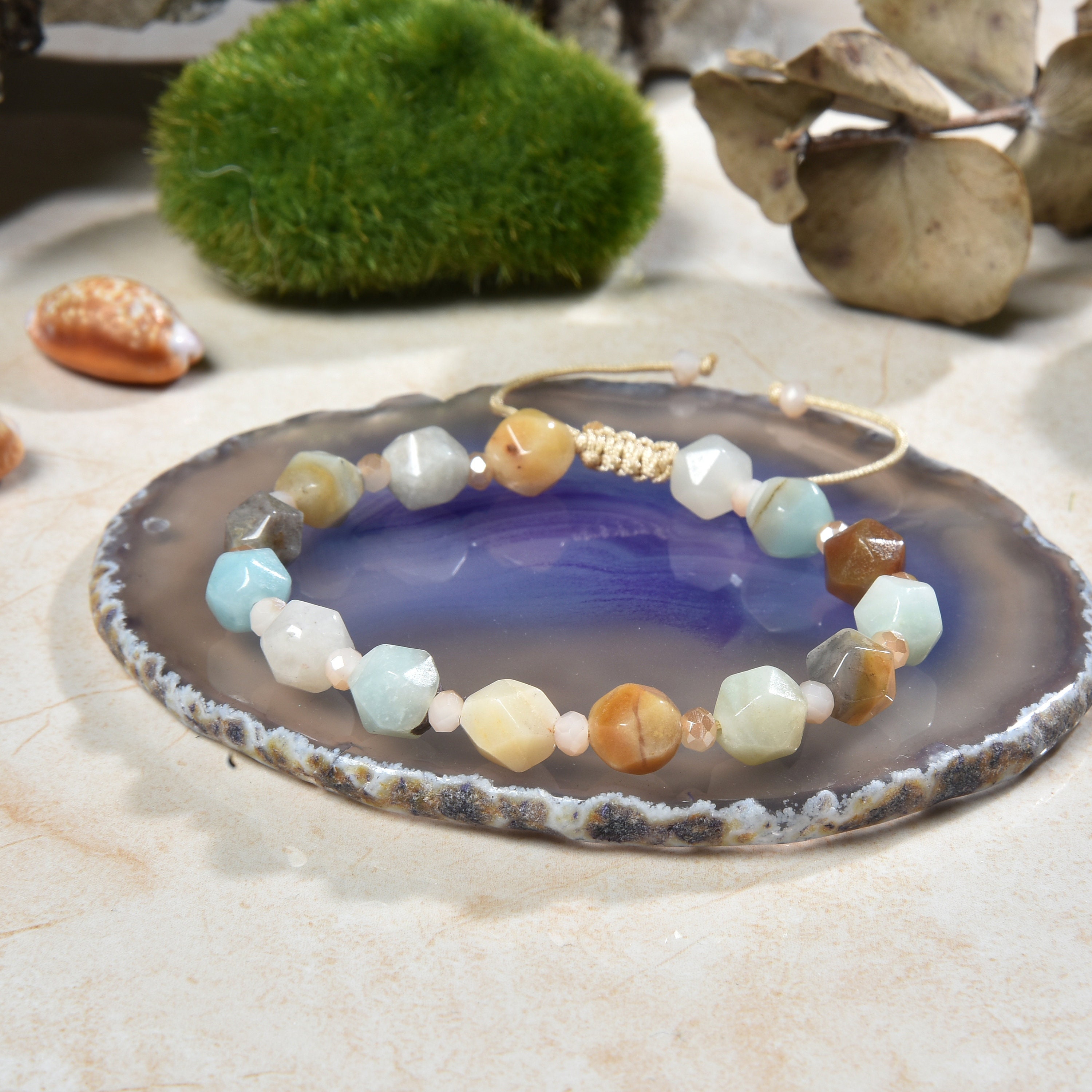 Hand Beaded Star-cut Natural Amazonite and Crystal Pull String
