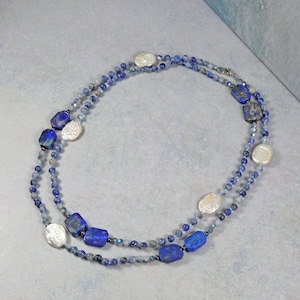 Lapis Lazuli and Freshwater Pearl Necklace.Genuine Sodalite.and Cultured Fresh Water Pearl and Crystals Necklace.