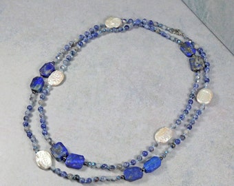 Lapis Lazuli and Freshwater Pearl Necklace.Genuine Sodalite.and Cultured Fresh Water Pearl and Crystals Necklace.